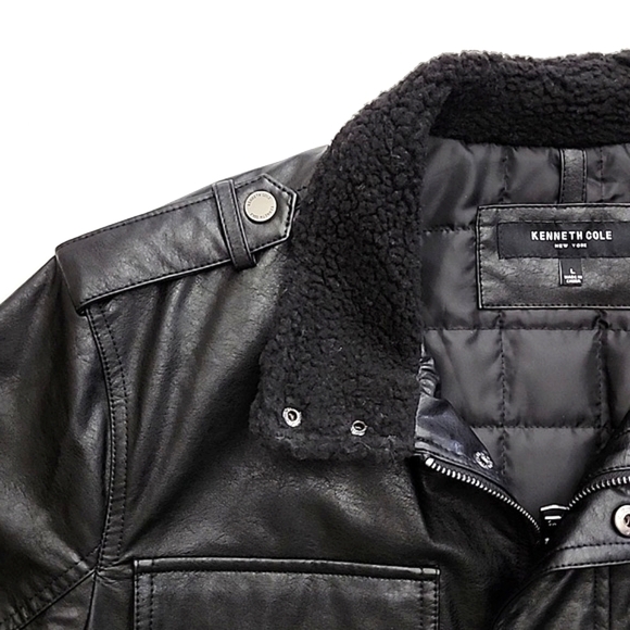 Kenneth Cole New York Men's Black Faux Leather Jacket Faux Sherpa Trim Sz Large - Picture 6 of 16